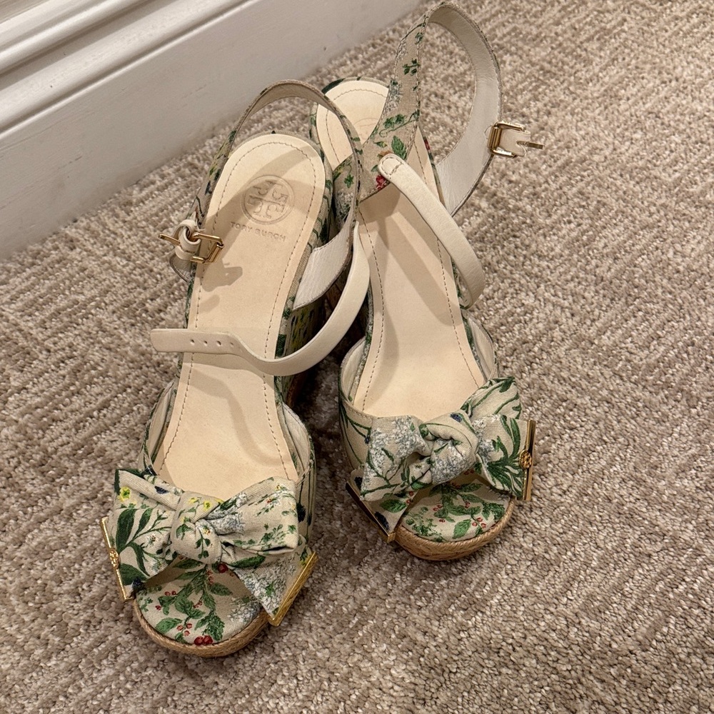 Tory Burch Cream Floral Bow Cork Wedge Sandals